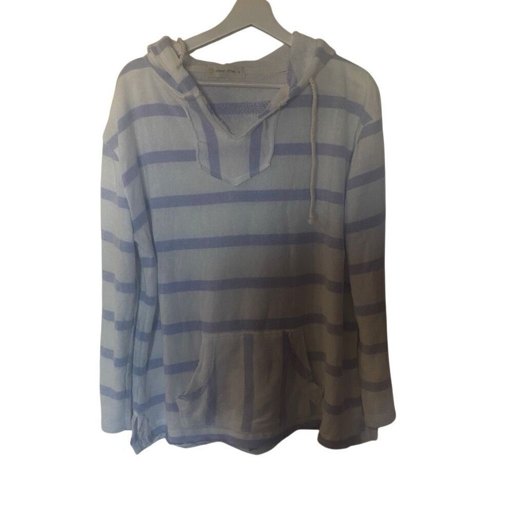 Ocean Drive Hoodie – Large, Blue and White Striped Pullover with Raw Hem - Picture 5 of 6
